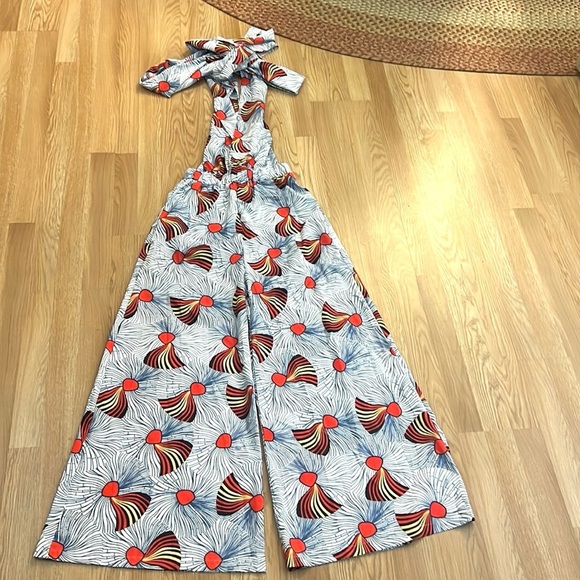 NWT Cellabie Palazzo Red-Fan Print Halter,Jumpsuit Wide-Leg,Belted,Size S - Picture 7 of 12